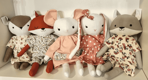 handmade stuffed animal dolls made using studio seren doll sewing patterns