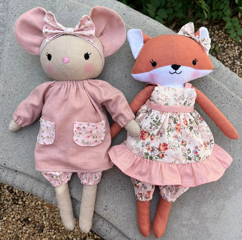 handmade mouse and fox dolls made using studio seren stuffed animal doll sewing patterns