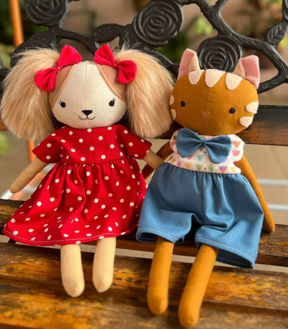 handmade cat and dog dolls made using studio seren stuffed animal sewing patterns