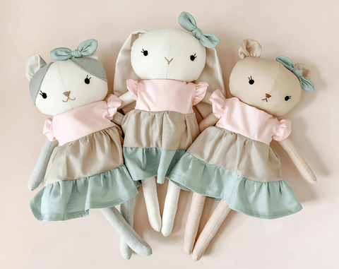 handmade cat, bunny and bear dolls made with studio seren stuffed animal doll sewing patterns
