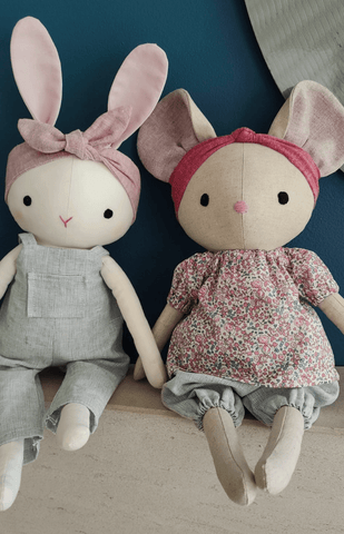 handmade bunny and mouse dolls made with studio seren doll sewing patterns