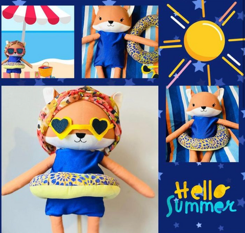 handmade fox doll wearing summer outfit made with studio seren fox sewing pattern