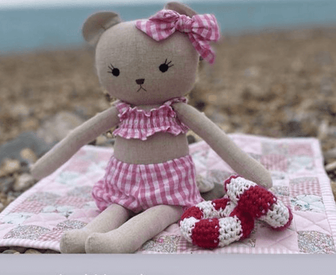 handmade teddy doll at the beach made with studio seren bear sewing pattern