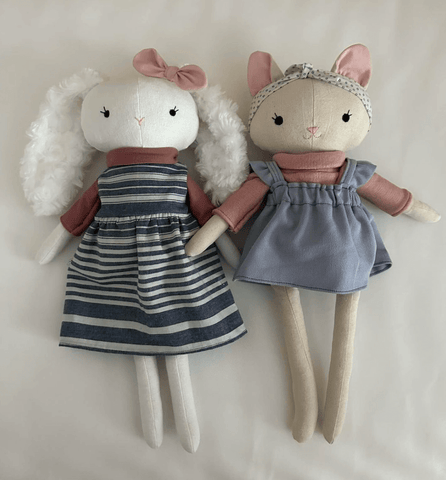 handmade cat and bunny dolls made with studio seren doll sewing patterns