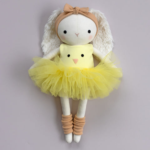 handmade bunny doll wearing a chick outfit