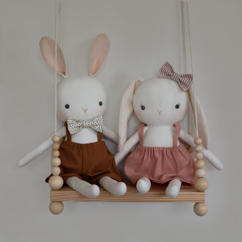 Studio Seren bunny pdf sewing pattern - girl and boy bunny doll on a swing