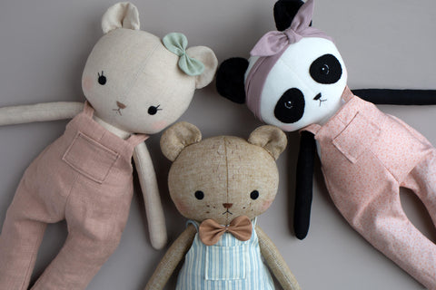 fabric for doll making - three bear dolls wearing clothes