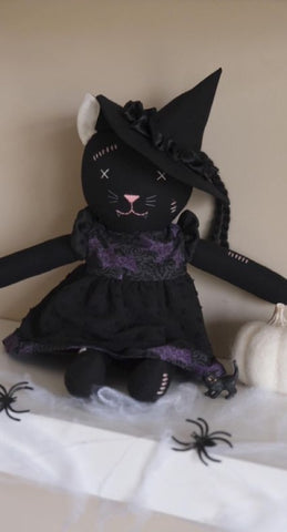 handmade Halloween-themed cat doll made with Studio Seren cat sewing pattern