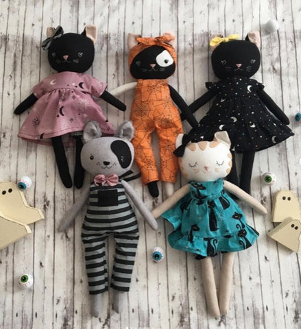 handmade Halloween-themed cat dolls made with Studio Seren cat sewing pattern