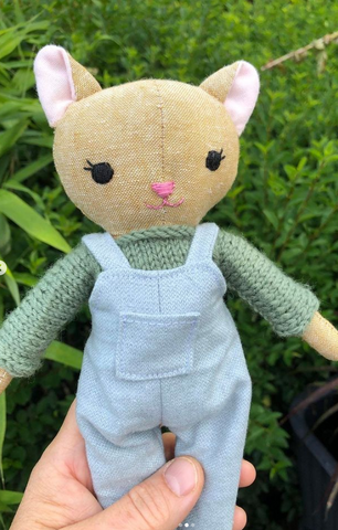 Handmade cat doll made with studio seren cat sewing pattern