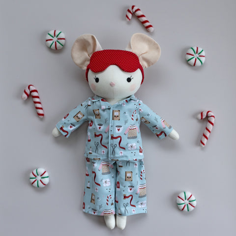 mouse doll wearing christmas pyjamas made with studio seren sewing patterns