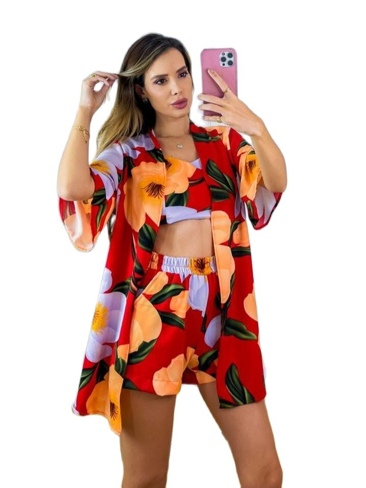 Conjunto 3 Peças - kimono Short Cropped - Moda Verão