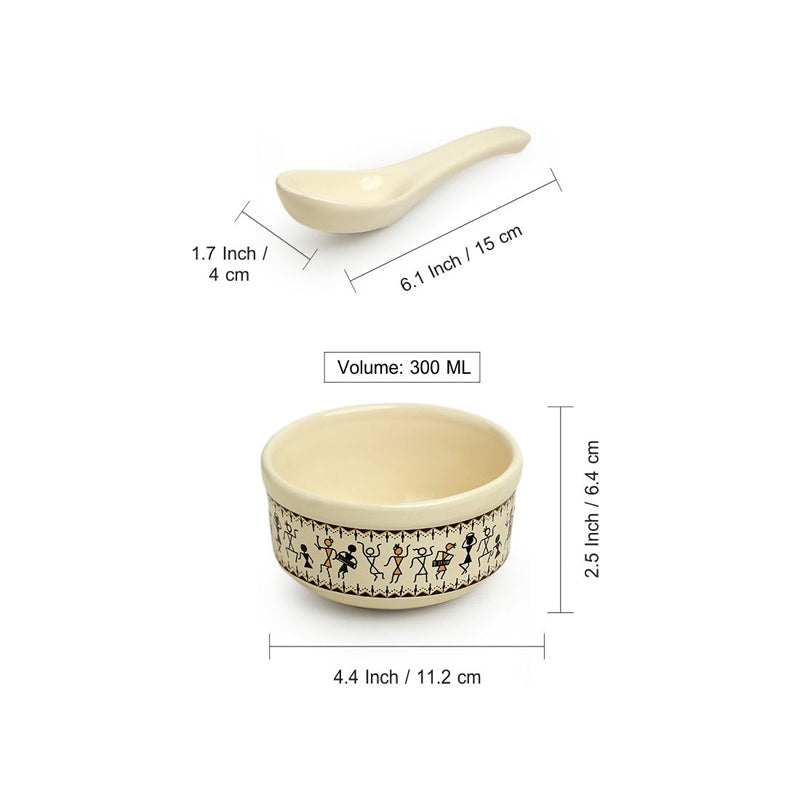 Buy Warli Whirls Handcrafted Ceramic Soup Bowl With Spoon (300 ML) - Eight Piece Set Soup Bowls from Vaaree