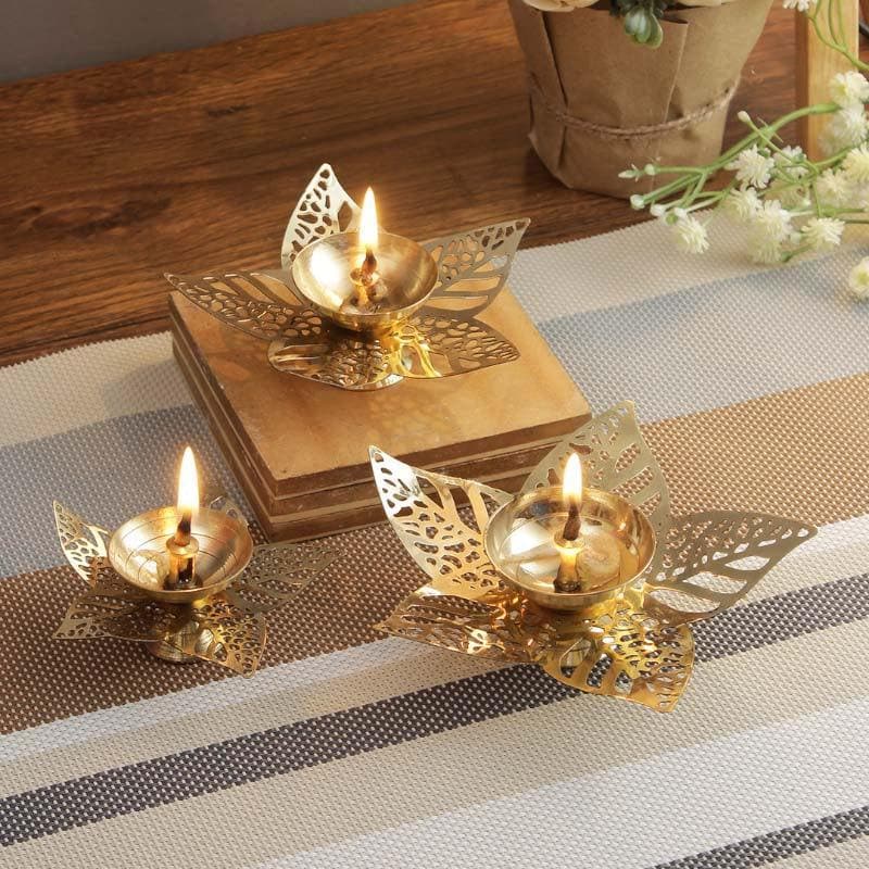 

Jali Petalled Diya - Set Of Three, Gold