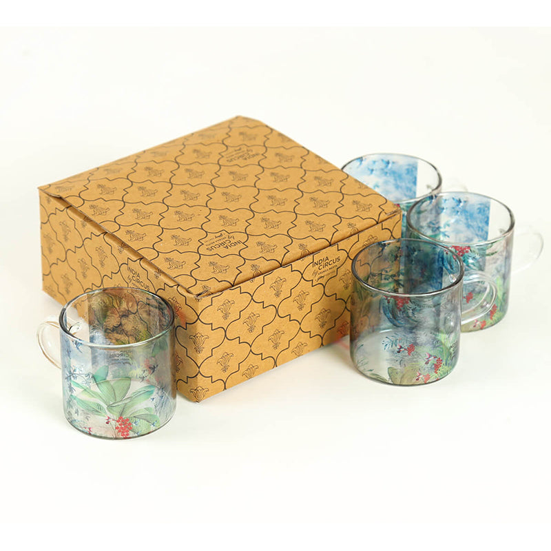 Buy India Circus Garden Blues Glass Mug (130 mL) - Set Of Four Coffee & Tea Mug from Vaaree