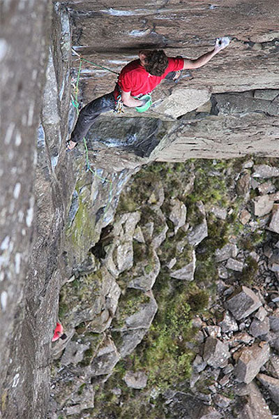 Ricky on the first ascent of an Empty Book E7/8 6b, Fairhead 