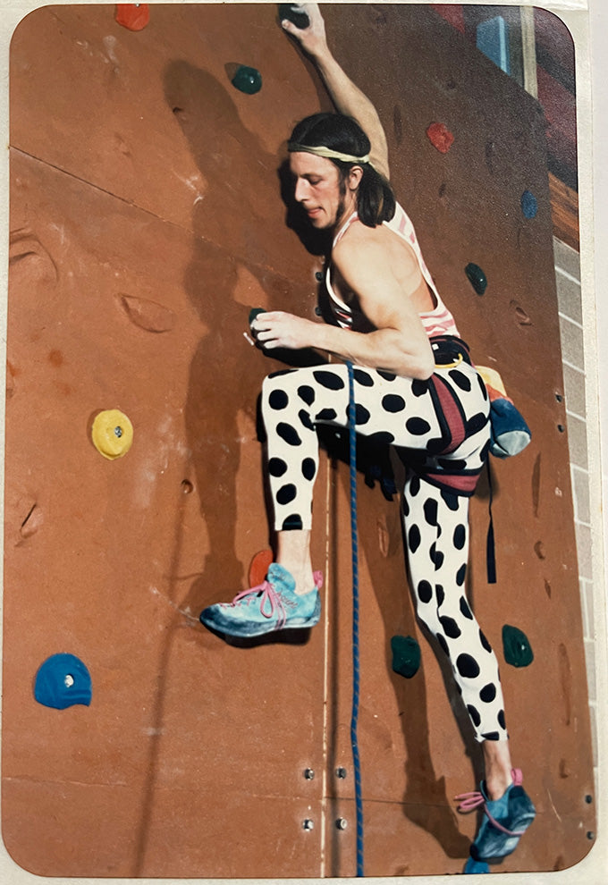 Photo of Graham Desroy used by DR Climbing Walls for the 1989 Yorkshire Open press release.