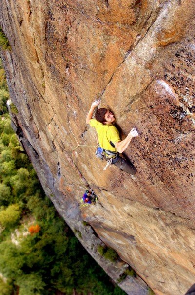 Pete on the first ascent of Fire in the Sky 5.13c, Moss Cliff, NY.