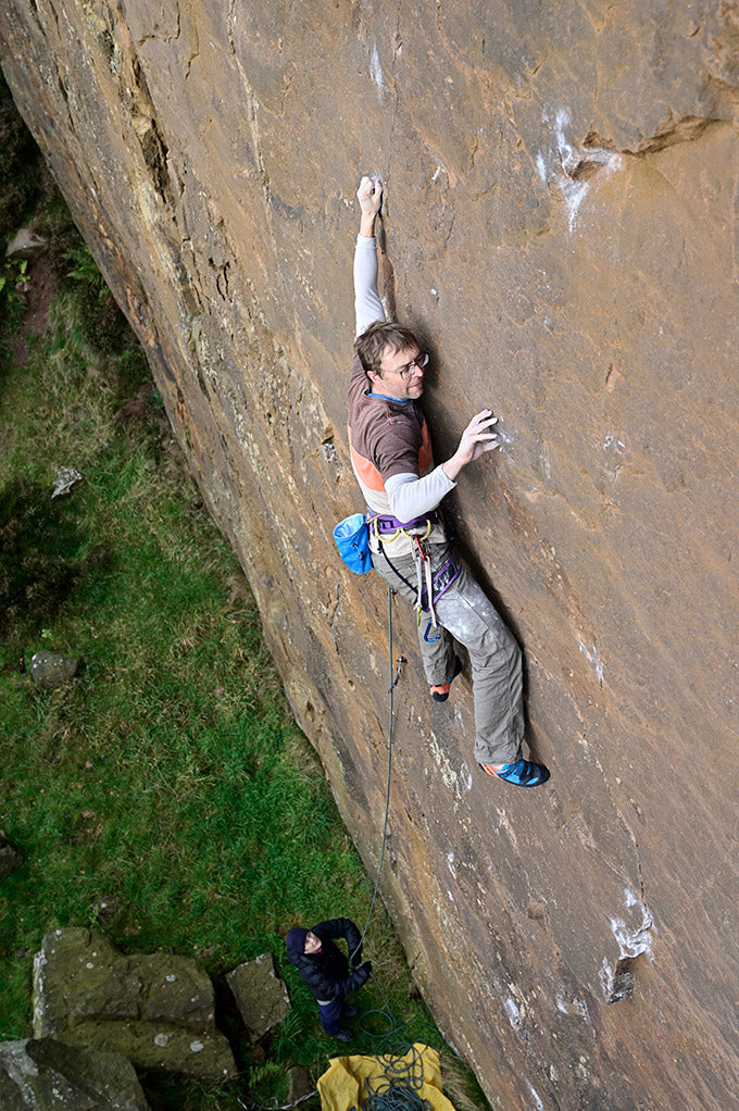 Ben on the crux lower wall from an earlier attempt. © Ray Wood