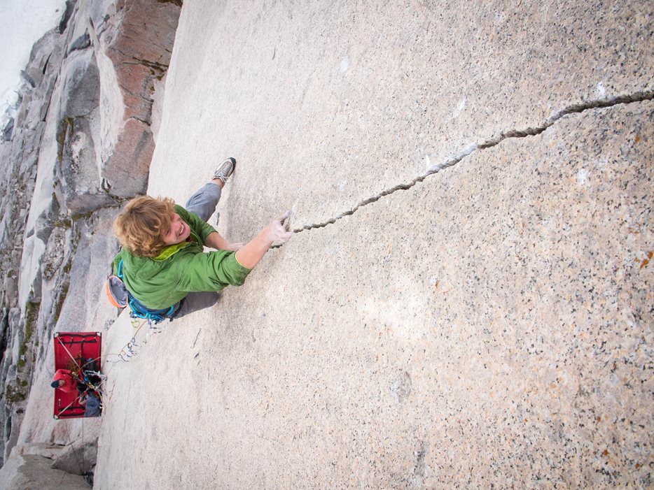 Will on the infamous 5.14- finger crack crux pitch of the Tom Eagan Memorial Route © Kyle Berkompas