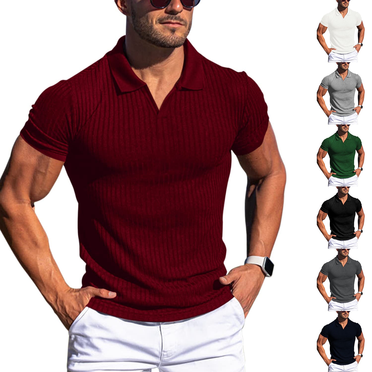 Polo Shirt Lapel V-neck Vertical Striped Short Sleeve Men's T-shirt | eBay