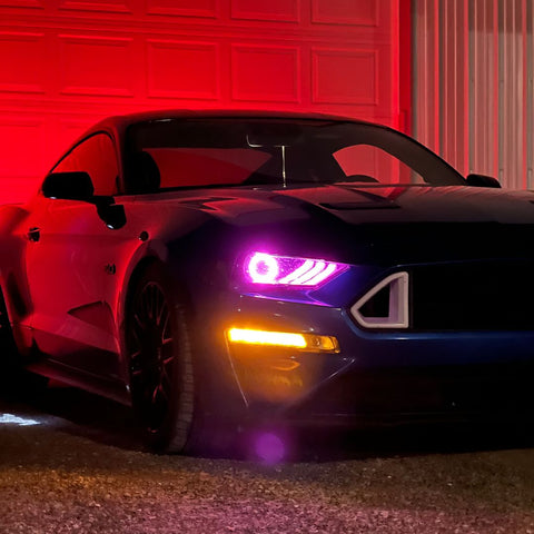 mustang with colored led headlights