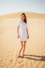 Short white beach linen dress for women.