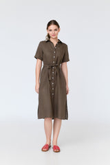 Linen Shirt Dress In Brown