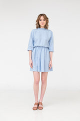 Blue open back linen dress