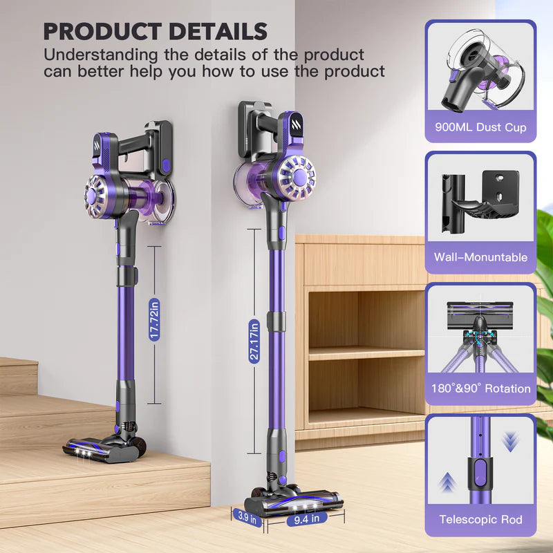 Teendow V07 Cordless Vacuum Cleaner, 12KPa Strong Suction, 30min Runtime, 2200mAh Battery, 0.9L Dust Cup, 5-Stage Filtration, Wall-Mounted, Ideal for Hard Floors & Carpets - Image 4