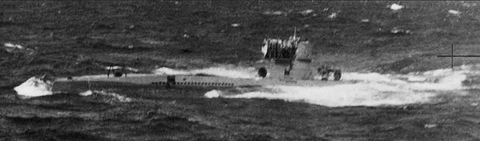 U-570 crew waving white sheet from conning tower