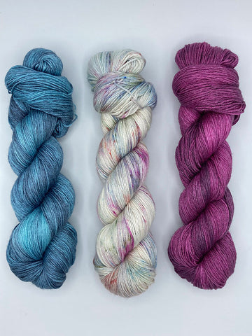 Lakeshore, Bouquet, Mulberry yarn skein pairing suggestion by Red Door Fibers 