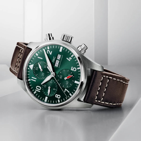 Mens IWC green watch with brown strap