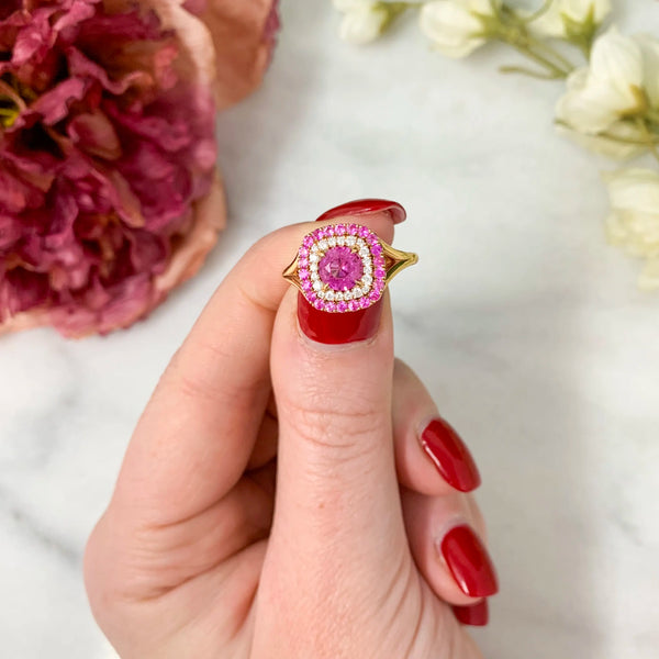 Pink gemstone and diamond ring