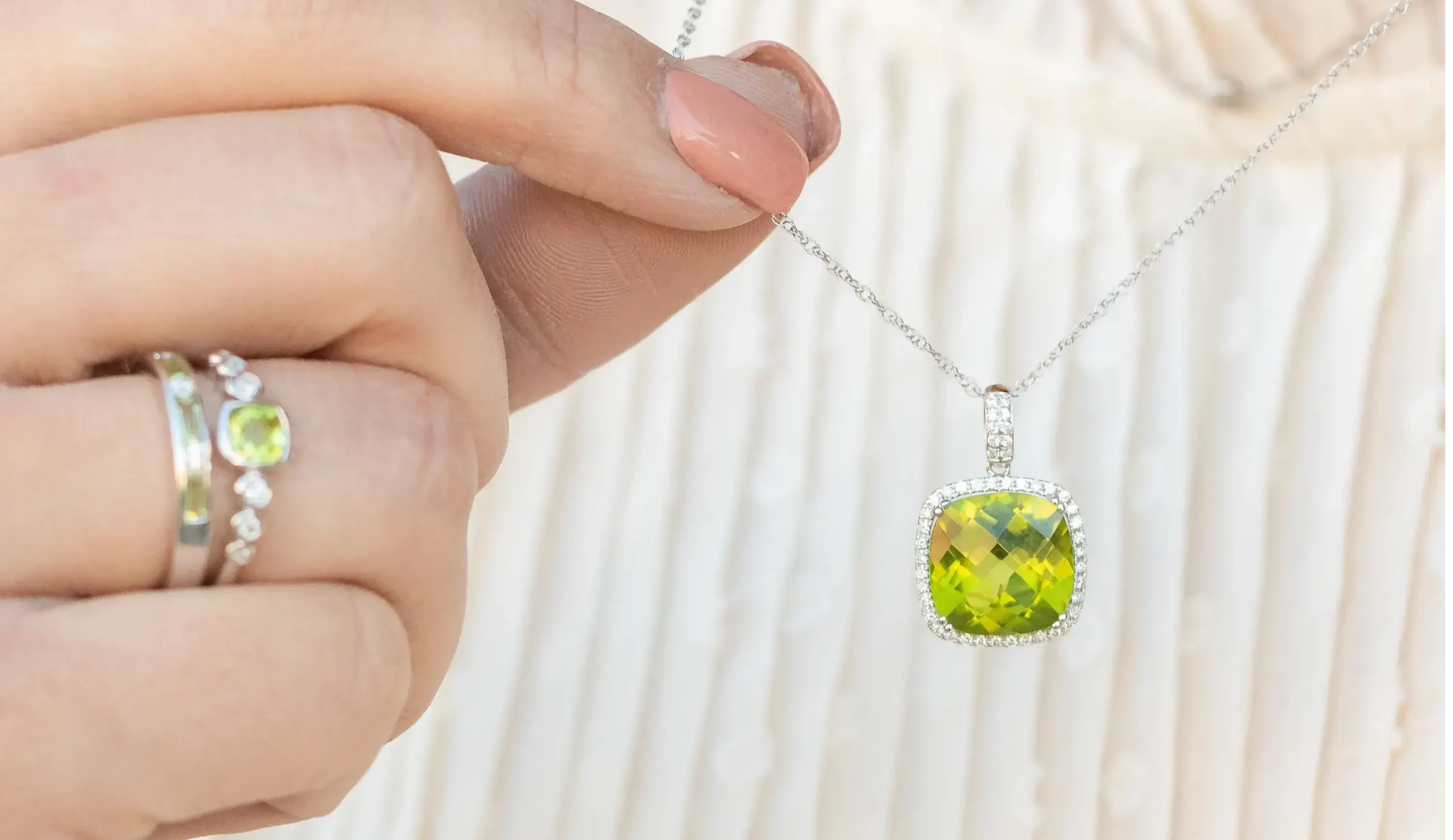August (Peridot) Birthstone Necklace & Drop Earrings Set Created with  Zircondia® Crystals by Philip Jones