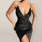 Women’s Sparkly Deep V High Slit Mini Party Dress With Chain Drape