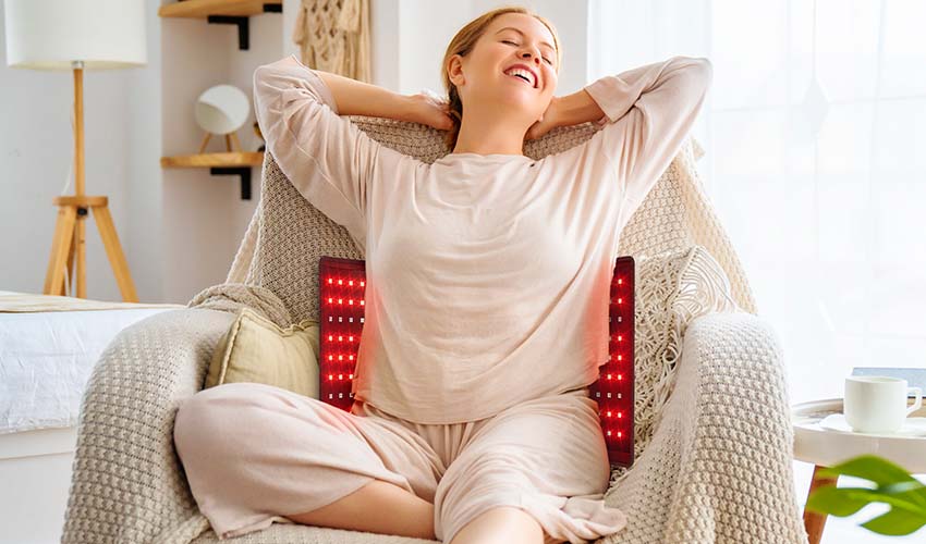 A woman who enjoys red light therapy and feels comfortable.