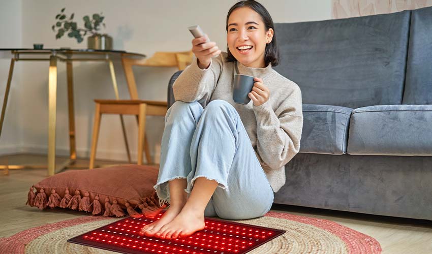 A woman sitting on a rug and using red light therapy wrap