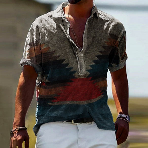 Men's Linen Ethnic Pattern Print Half Cardigan Rolled Short Sleeve Shirt
