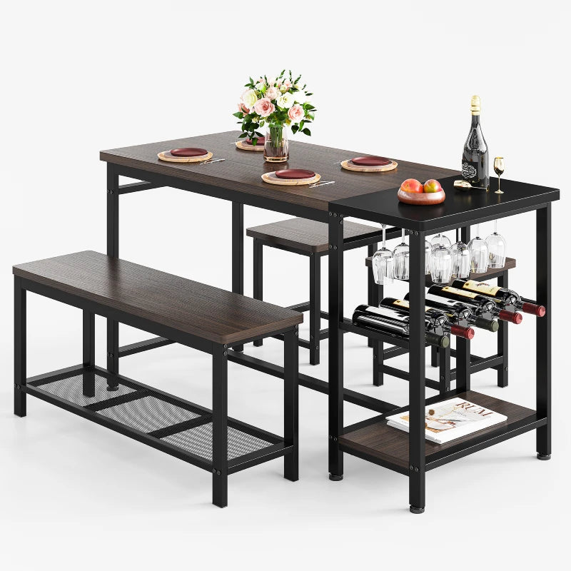 EnHomee Dining Table Set for 4, with Bench and Wine Rack, Space Saving Kitchen Tables Sets, Dark Brown