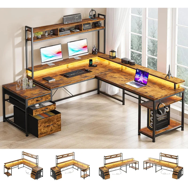 EnHomee Shaped Gaming Desk with Power Outlet & LED Lights, Reversible Gaming Computer Desk with Storage Shelf & Monitor Stand for Home Office