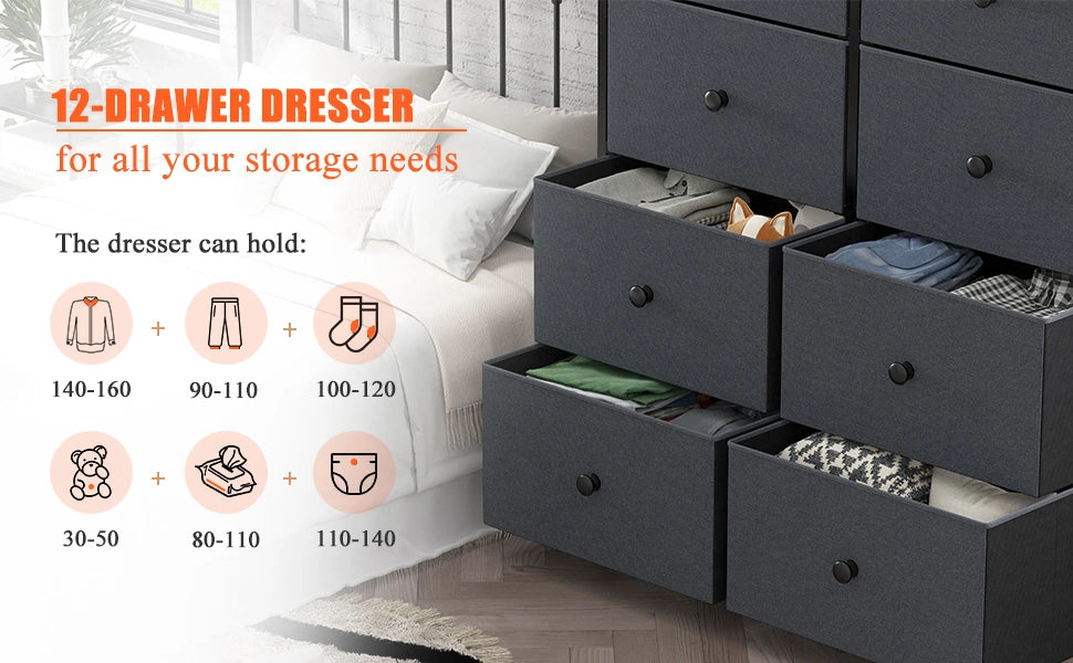 Enhomee Dark Grey dresser with 12 drawers storage space