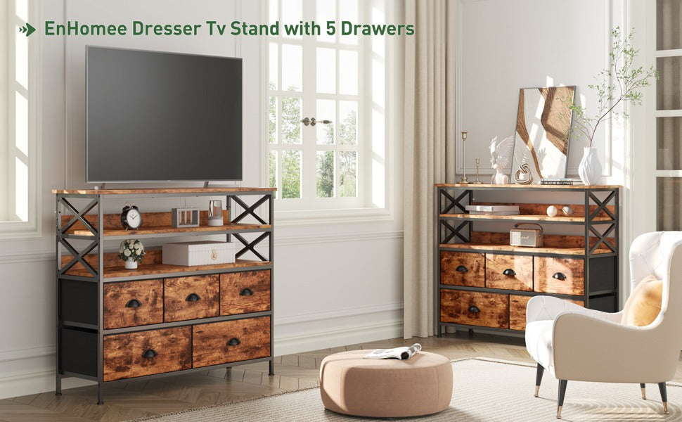 Enhomee Dresser TV Stand with 5 Drawers