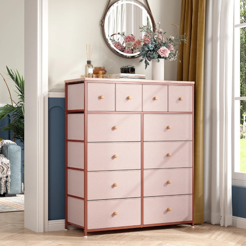 EnHomee Pink Dresser for Girls Bedroom with 12 Drawers, Chest of Drawers, Kids Nursery Dresser
