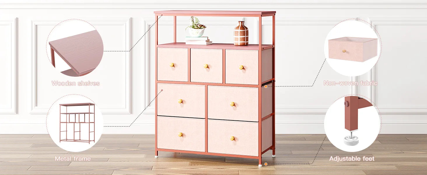 Enhomee pink dresser with 7 drawers detail