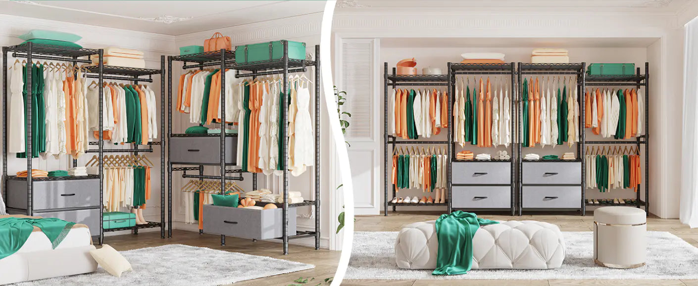 REIBII freestanding heavy duty garment rack with drawers and shelves perfect for home organization