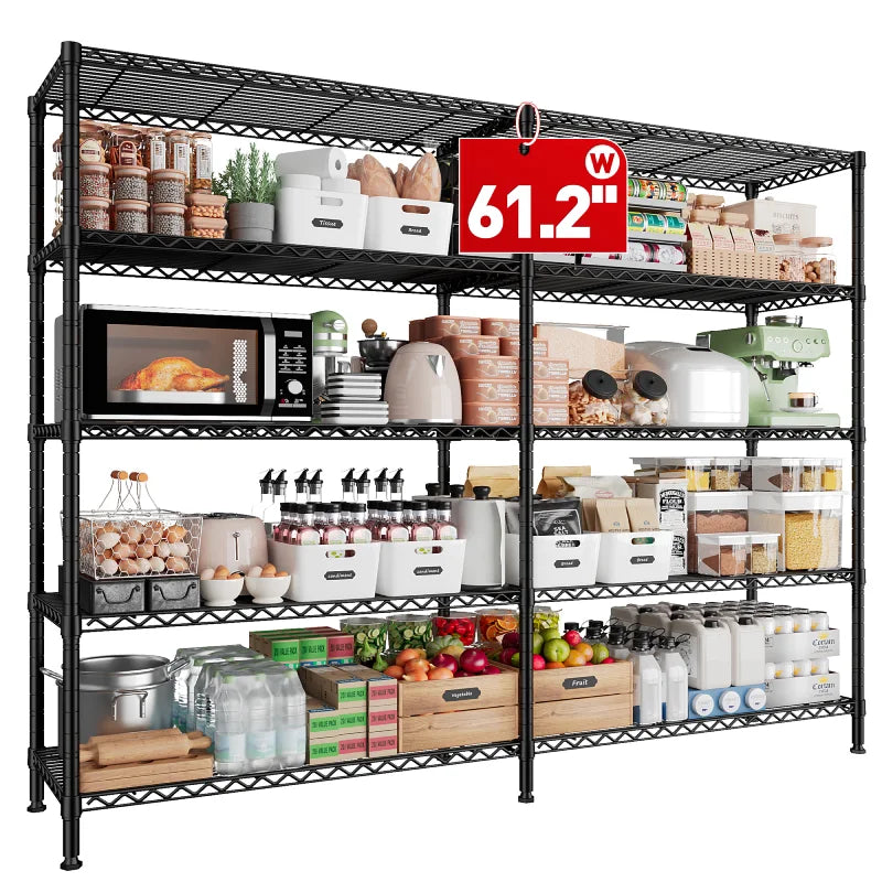 REIBII 61.2"W Storage Shelves, 72"H 1500LBS Wire Shelving Unit, 5 Tier Metal Shelving for Pantry and Kitchen