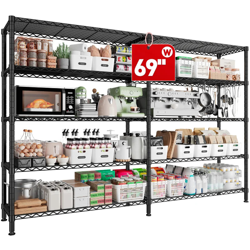REIBII 69"W Storage Shelves, 1600Lbs Metal Shelves Rack with Wheels, Adjustable Wire shelving for Pantry Kitchen