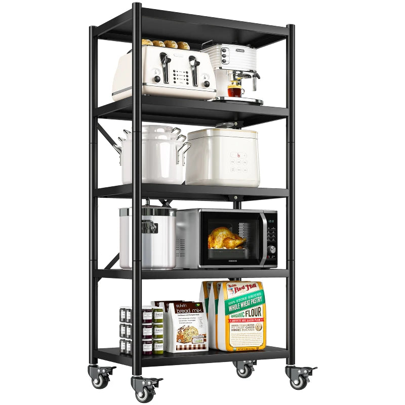 REIBII Metal Kitchen Bakers Rack with Wheels, 5-Tier Rolling Microwave Stand Cart, Free Standing Kitchen Storage Shelf