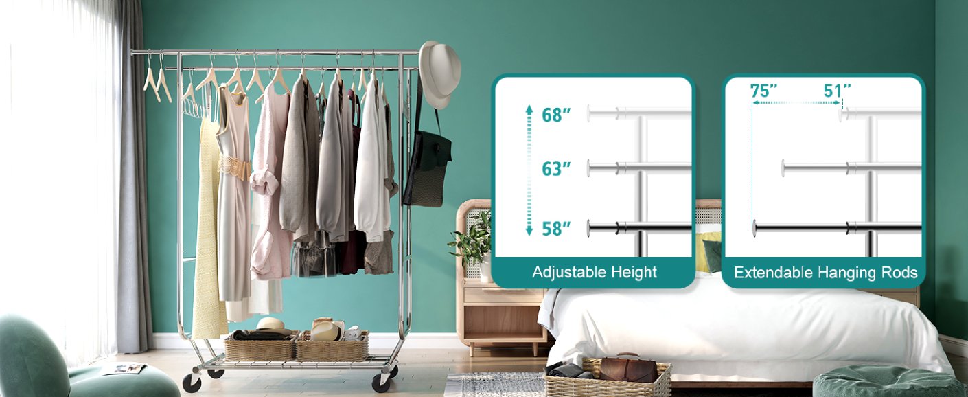 Raybee rolling clothing rack with adjustable height and width meets more needs